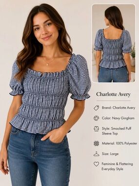 Charlotte Avery Navy Gingham Smocked Puff Sleeve Blouse